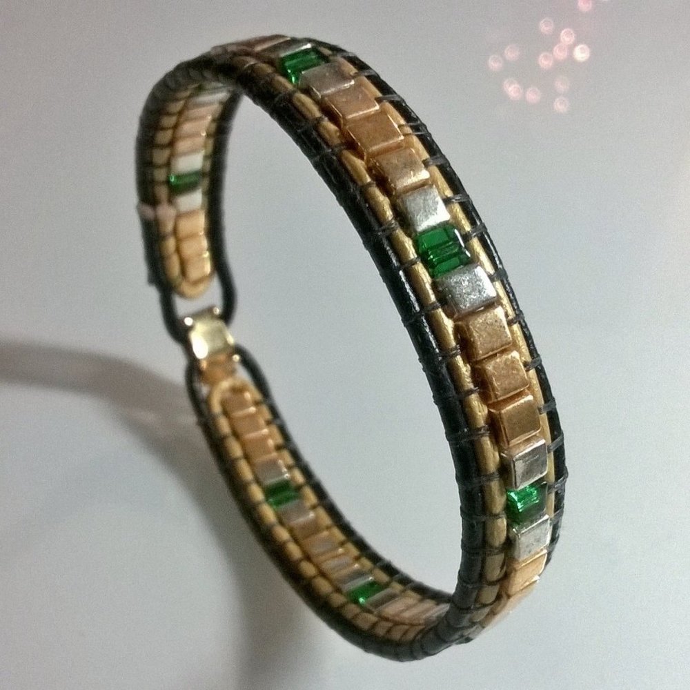 7.75 Gold Silver Emerald Square Glass Bracelet Unisex Distressed OOAK Leather